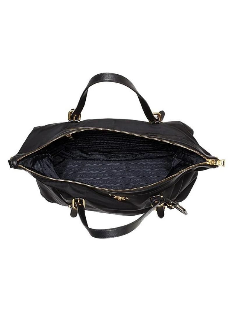 Prada Tessuto Nylon Saffiano Leather Black Top Zip Tote Bag