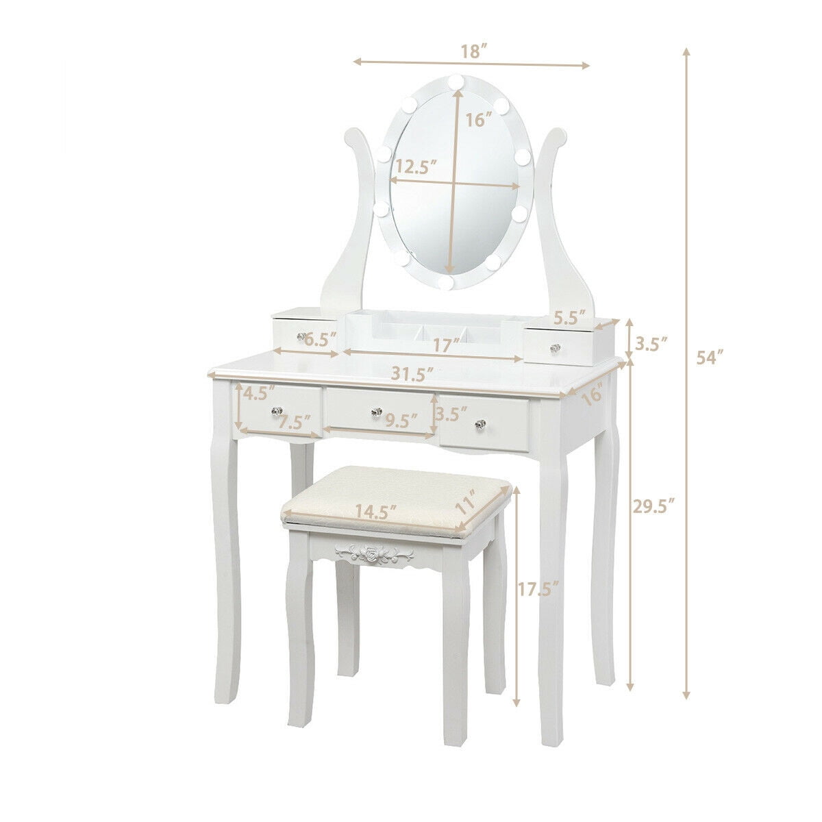 Gymax Vanity Table Set Makeup Dressing Table with10 Light Bulbs and Touch Switch, White