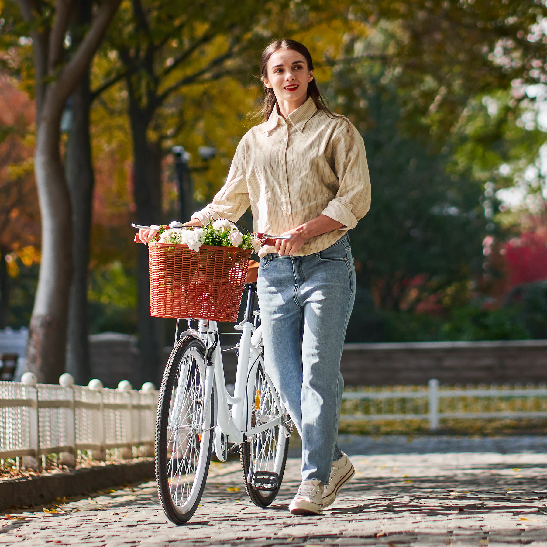 Viribus 24 inch City Cruiser Bicycle for Women,with Carbon Steel Frame Dual V Brakes Basket for Women Adults,Mint