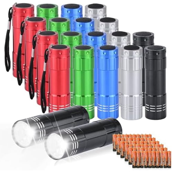 20 Pack of Flashlights 9 LED Mini Aluminum Flashlight Bulk with Lanyard 60 AAA Batteries Included Assorted Colors Handheld Flashlights for Hurricane Supplies Camping, Night Reading, Cycling