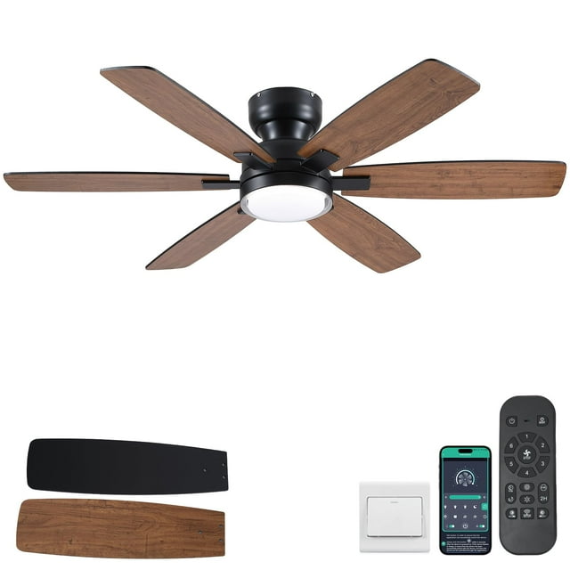 Ventilador de techo Kviflon, 132 cm, rústico, 6 aspas, aplicación remota LED