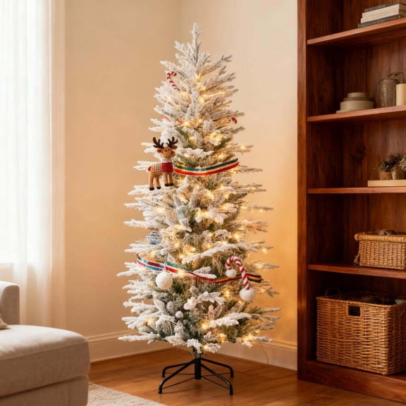 Christmas Tree Snow Branches withChristmas Trees,Artificial Flocked Christmas Trees,with Warm Yellow Clear Lights, Auto Open,Artificial Christmas Tree