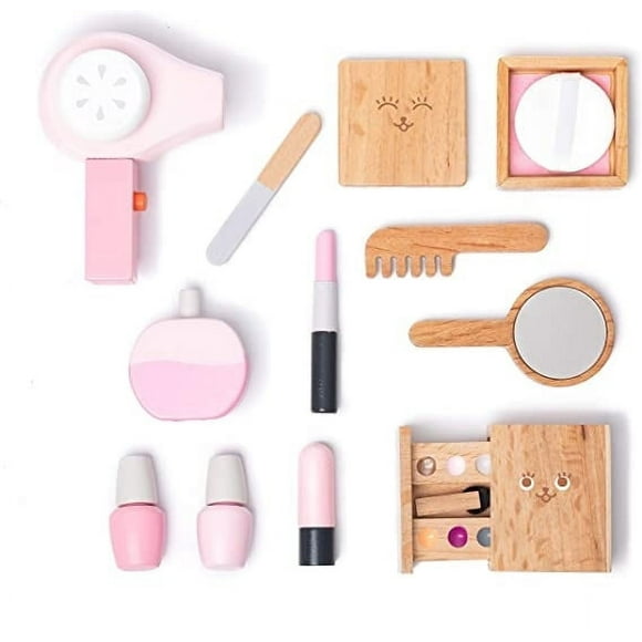 Wooden Beauty Salon Toys for Girls Makeup Playset 12 Piece Kit with Makeup  Brush  Mirror and Case  Gift for 3  4  5+ Girls Kids