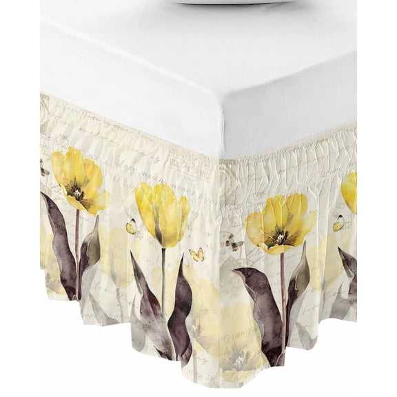 Yellow Flower Bed Skirt Queen Size 16 Inch Drop, Wrap Around Bed Skirts, Farmhosue Country Vintage Butterfly Floral Elastic Bedskirt Pleated Bed Frame Cover Luxurious Dust Ruffle for Queen Bed