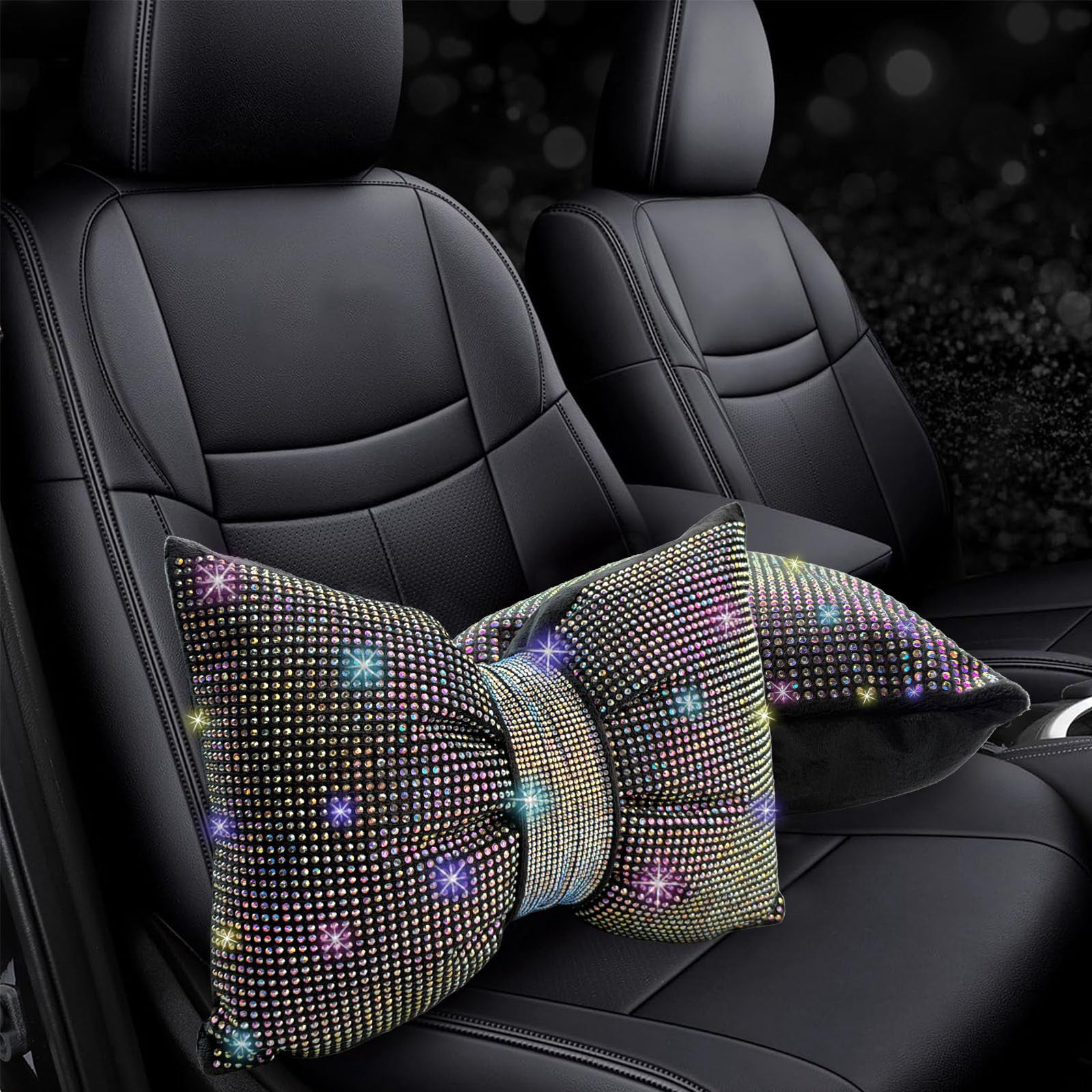 Chasenew 2 PCS Bling Bowknot Car Headrest Pillow, Rhinestone Car Neck Pillows for Driving, Bling Interior Accessories for Women Comfortable Neck Support Pillow(Silver Diamond)