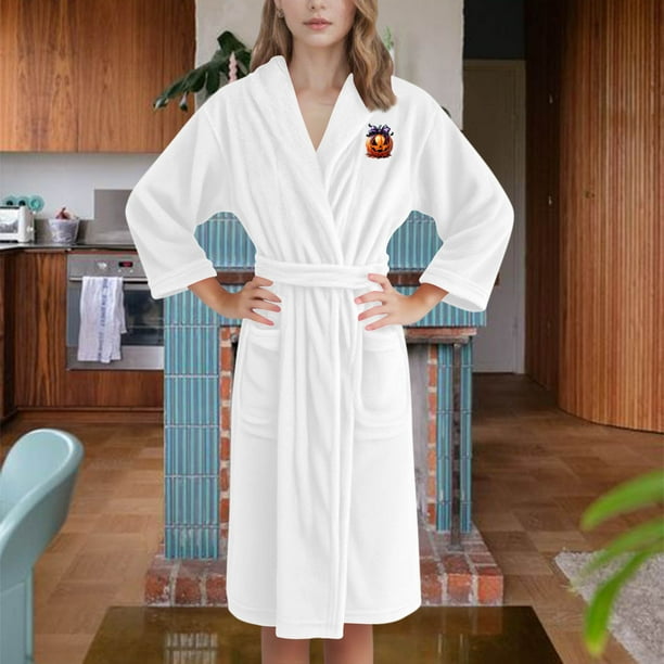 Pijama de franela con capucha y estampado de pecho para mujer, para Halloween, Acción de Gracias, terciopelo grueso, para usar en casa, batas de baño, pijamas largos y camisón de poliéster para mujer