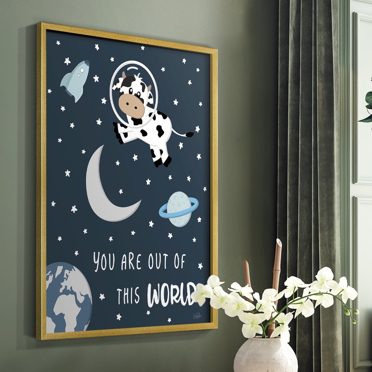 Cow in Space II in Paper Solid Wood 11 x 14 Framed Print