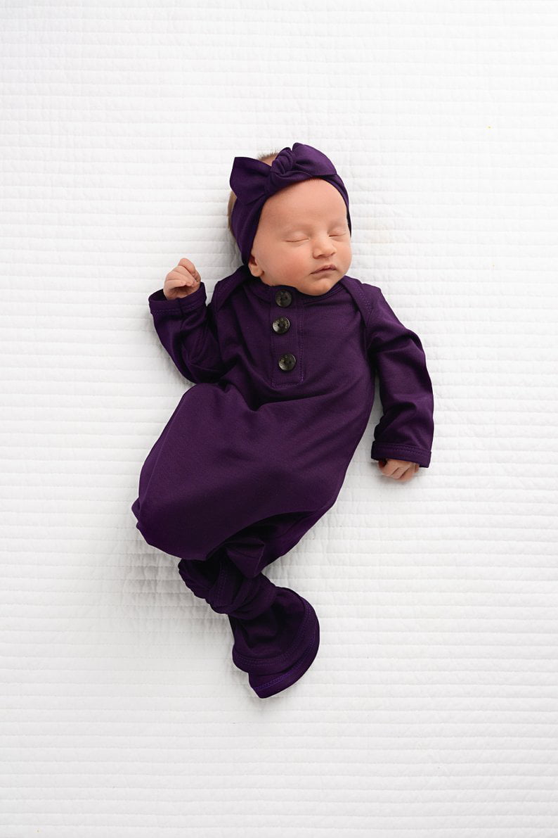 DPSKY Newborn Baby Girl Sleepwear Infant Purple Nightgown & Headband Set Knotted Gown Coming Home Outfit