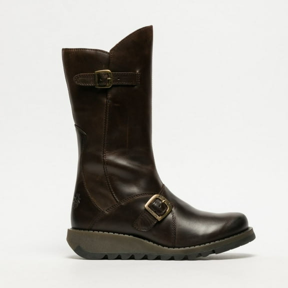 Fly London Womens Brown MES 2 Wedge Heel Buckle Mid-Calf Leather Zip Platform Boots