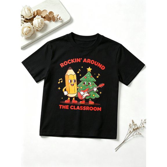 Boys Graphic Tees Rockin Around The Classroom Christmas Tree Short Sleeve Kids T-Shirt, 100% Cotton Soft Casual Tops for Children