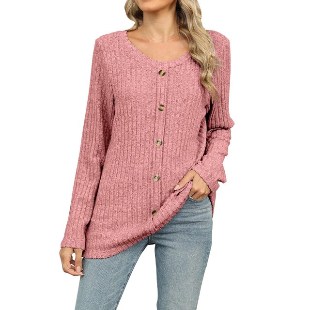 HKEJIAOI Hauts pour Femmes Pulls Décontractés d'Automne avec Boutons Décoratifs Manches Longues Col Rond Mode 2024 Tunique TopsPink 2TG