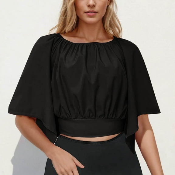 QUNYINEY Spring Tops for Women 2025 Casual Short Batwing Sleeve Solid Crew Neck Blouses Slim Crop Pleated Tops