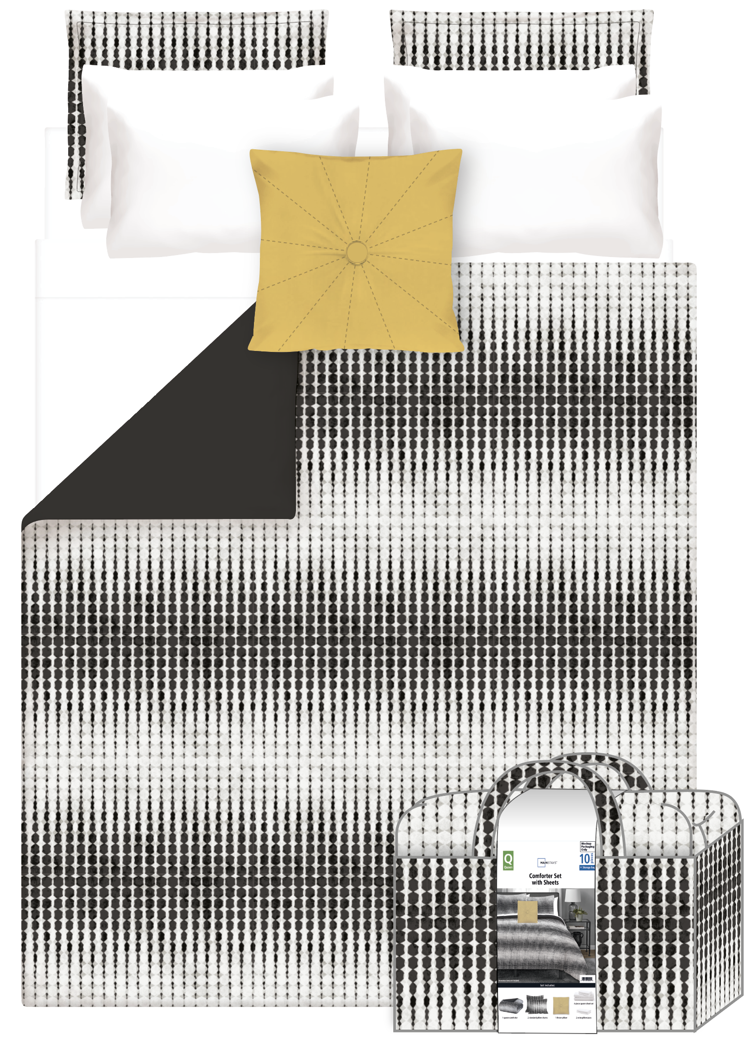 Mainstays Black and White Geo Stripe 10 Piece Bed in a Bag Comforter Set with Sheets, Queen - image 3 of 9