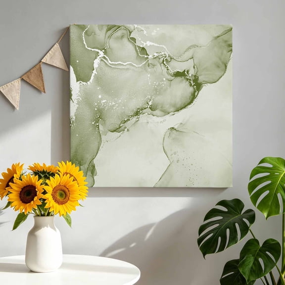 Canvas Wall Art Sage Green Abstract Canvas Art Print Silver Marble Ripples Pictures Wall Decor for Living Room Bedroom Artwork Decorations Stretched Framed Ready to Hang 10"x10"