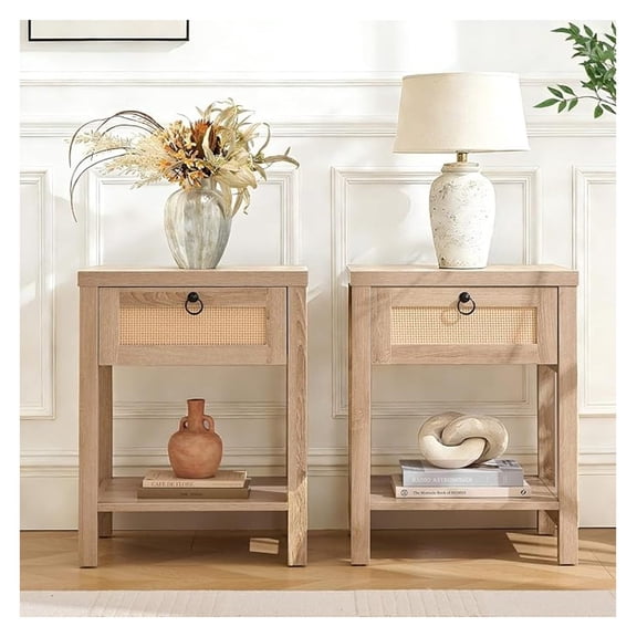 Rattan Nightstand Set of 2, Boho Side Table with Drawer, Coastal Bedside End Table with Open Shelf, Night Stands for Bedrooms Set for Small Space, Light Oak