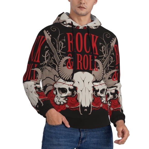 Men's Hoodie Pullover Casual Hooded Sweatshirt 3D, Rock And Roll Guitar Skull Roses
