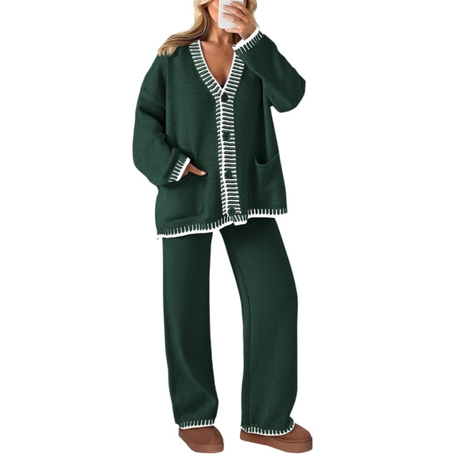 Conjunto Lounge PRETTYGARDEN Suéter Cardigan Pantalones de Pierna Ancha XL