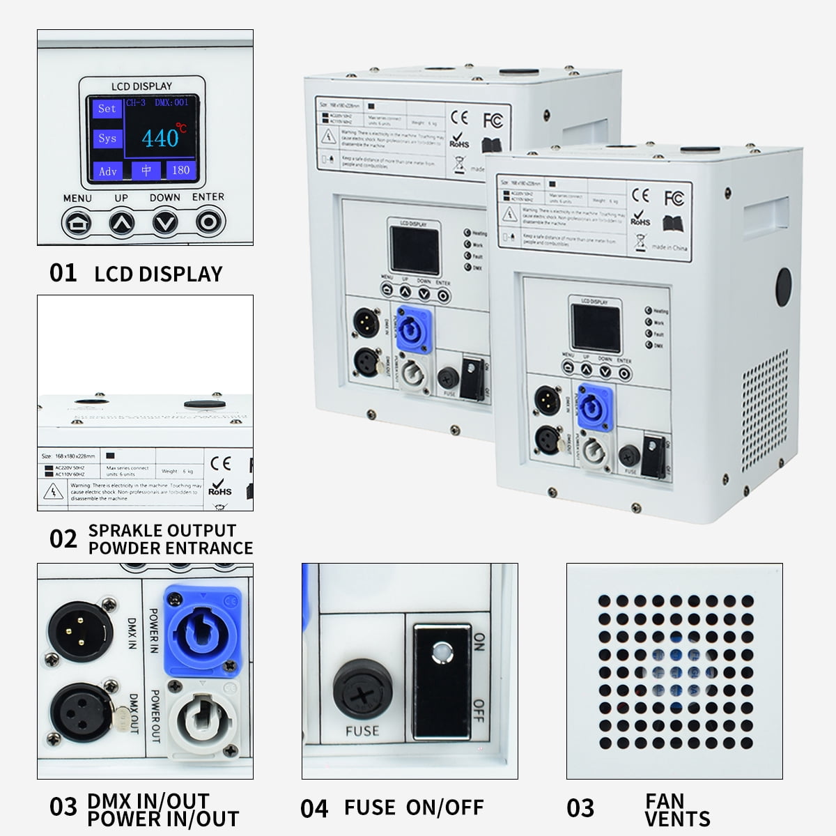2Pack Cold Spark Machine DMX Firework Machine LCD Screen for Wedding Stage Party DJ Disco, White with Road Case