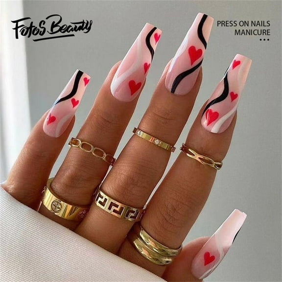 Fofosbeauty 24pcs Press on False Nails, Long Coffin Fake Nails, Wild Love