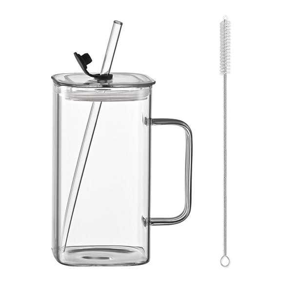 Square Glass Straw Cup with Lid, High Borosilicate Glass Tumbler for Milk, Juice, Coffee, Tea, and Cold Drinks, 1 Piece