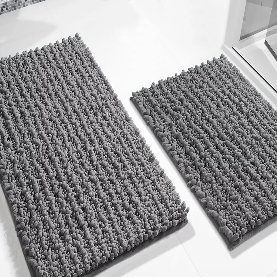 2 Piece Set Grey Soft Cozy Plush Chenille Bath Mat Bathroom Rug