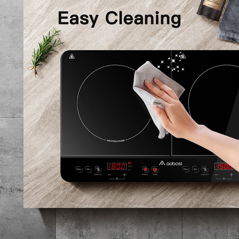Aobosi 1800W Double Electric Induction Cooktop Stovetop Sensor Touch with 2 Burners, 10 Power Levels Child lock & Timer for 4-10