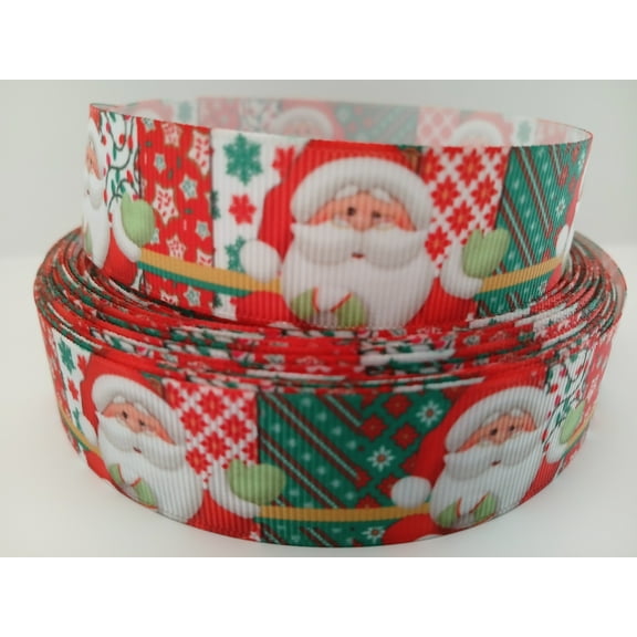 Grosgrain Ribbon Printed Christmas Santa Claus on Patchwork Background, 3 Yards (9 Feet) 1 Inch Wide