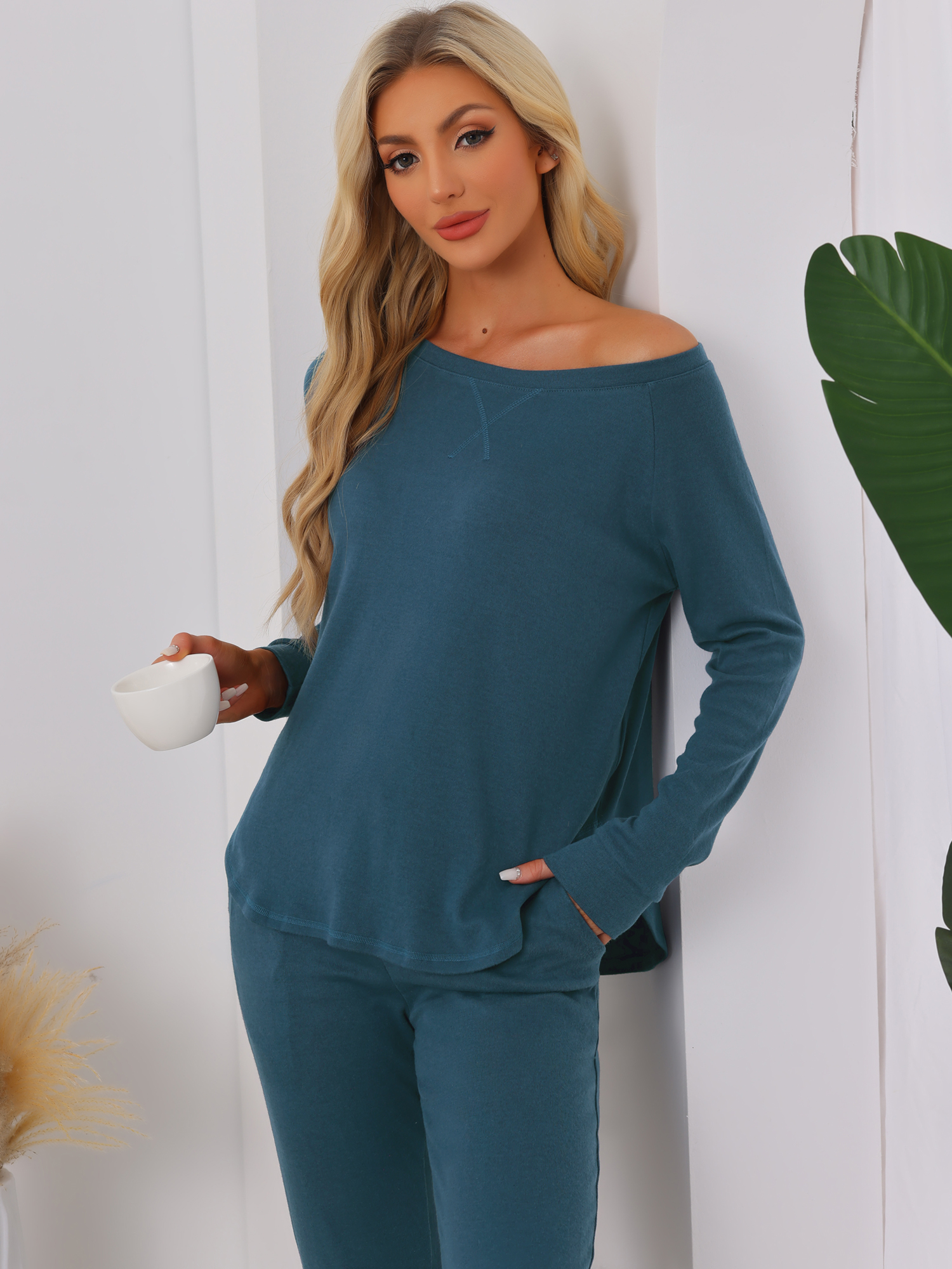 DARING DIVA Women's Travel Outfit Knit Long Sleeve Loungewear Set S Blue