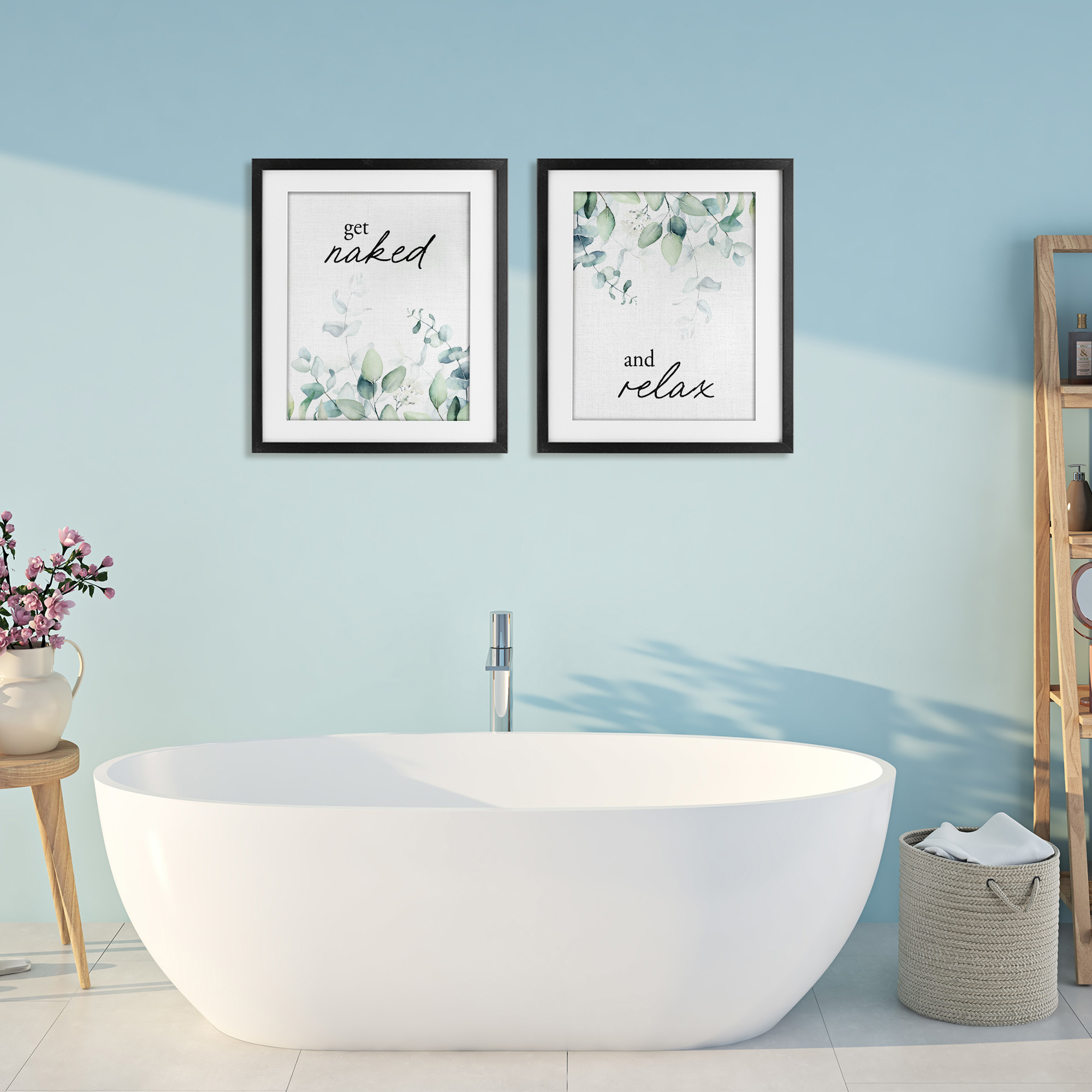 Get Naked & Relax Herbs 2 Piece Black Framed Print Under Glass Set, design by Lettered and Lined