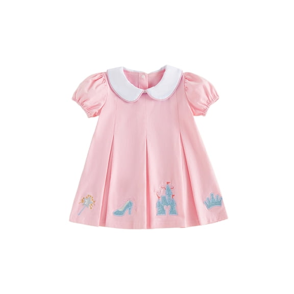 BemeyourBBs Toddler Baby Girl Summer Beach Dress Little Girls Princess Party Dress Puff Short Sleeve Peter Pan Doll Collar Cute Castle Tiara Embroidery A-Line Casual Pleated Dresses