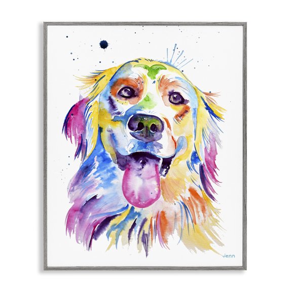 Stupell Industries Bohemian Watercolor Style Happy Dog Face Gray Framed Giclee Art, 16 x 20, by Jen Seeley
