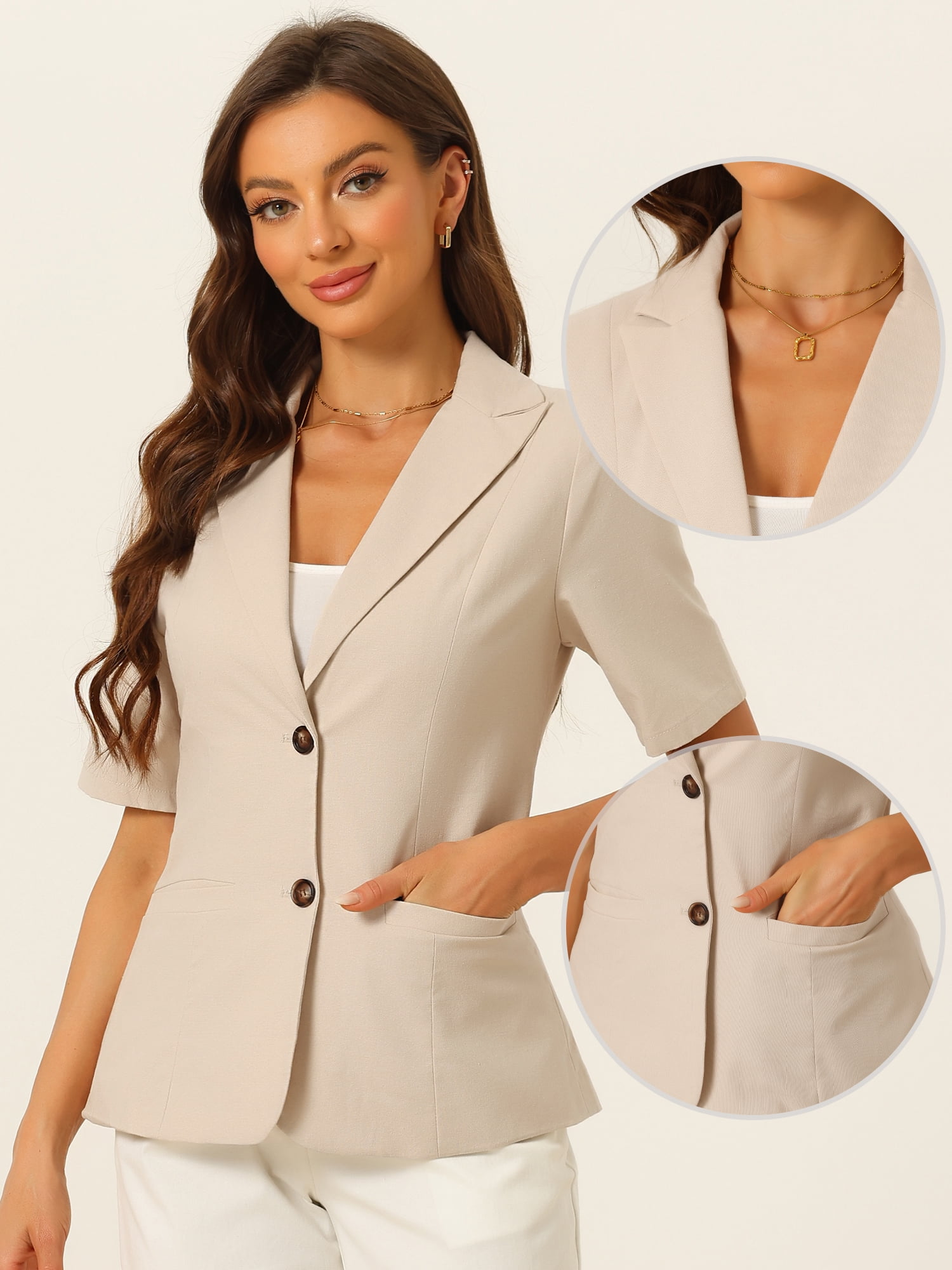 DARING DIVA Women's Cotton Linen Short Sleeve Blazer for Work Office M Khaki