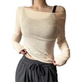 thumbnail image 2 of Women's Sheer Mesh Off The Shoulder Tops Long Sleeve See Through Shirts Going Out Party Club Outfits Football Shirt Women Women Casual Tee All Womens, 2 of 5