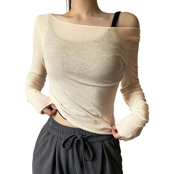 UJNDER Women's Sheer Mesh Off The Shoulder Tops Long Sleeve Shirts for Women Going Out Party Club Khaki M