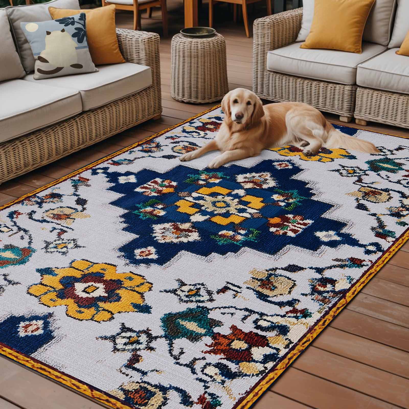 Fsddascl Blue Grey Boho Outdoor Rug for Patio/Deck/Porch, Non-Slip Large Area Rug 4 x 6 Ft, Retro Traditional Oriental Boho Tribal Indoor Outdoor Rugs Washable Area Rugs, Camping Rug Carpet