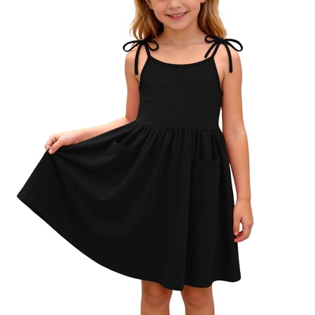 9-10 Years Girls Dresses Cute Solid Color Sleeveless Adjustable Strap Dresses with Pockets
