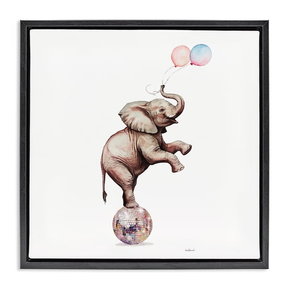 Stupell Industries Elephant & Balloons Disco Animals Painting Black Floater Framed Canvas Art Print Wall Art, 18 x 18