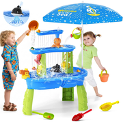 JoyStone 3-Tier Kids Sand Water Table with Umbrella & Water Pump, Outdoor Sensory Play Table Toy, 28.66" Tall, Summer Gift for Toddlers & Kids