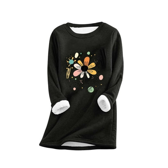 Fleece Sweatshirts for Women Winter Warm Sherpa Lined Crewneck Pullover Loungewear Cute Floral Gtaphic Tunic Tops