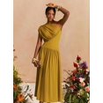 thumbnail image 5 of Mustard Yellow One-Shoulder Pleated Waist A-Line Long Dress For Women, 5 of 6