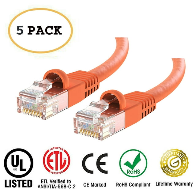 Huetron™ 5-Pack Cat 6 Ethernet Cable Cat6 Snagless Patch 50 Feet - Computer LAN Network Cord, ORANGE