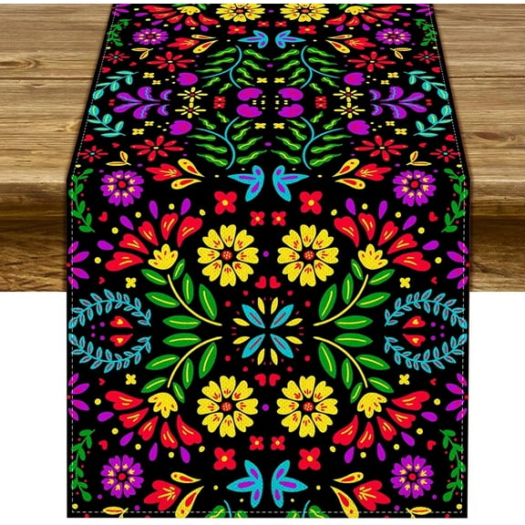 Mexican Linen Table Runner Cinco De Mayo Floral Themed Kitchen Dining Party Decor Day of The Dead Home Decoration Accessories