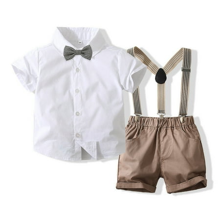 

Chenyin Kids Baby Boys Gentleman Clothes Outfit Cotton Short Sleeve Button Dress Shirt with Bowtie + Suspender Shorts Summer Wedding 3pcs Set Size 1-6T