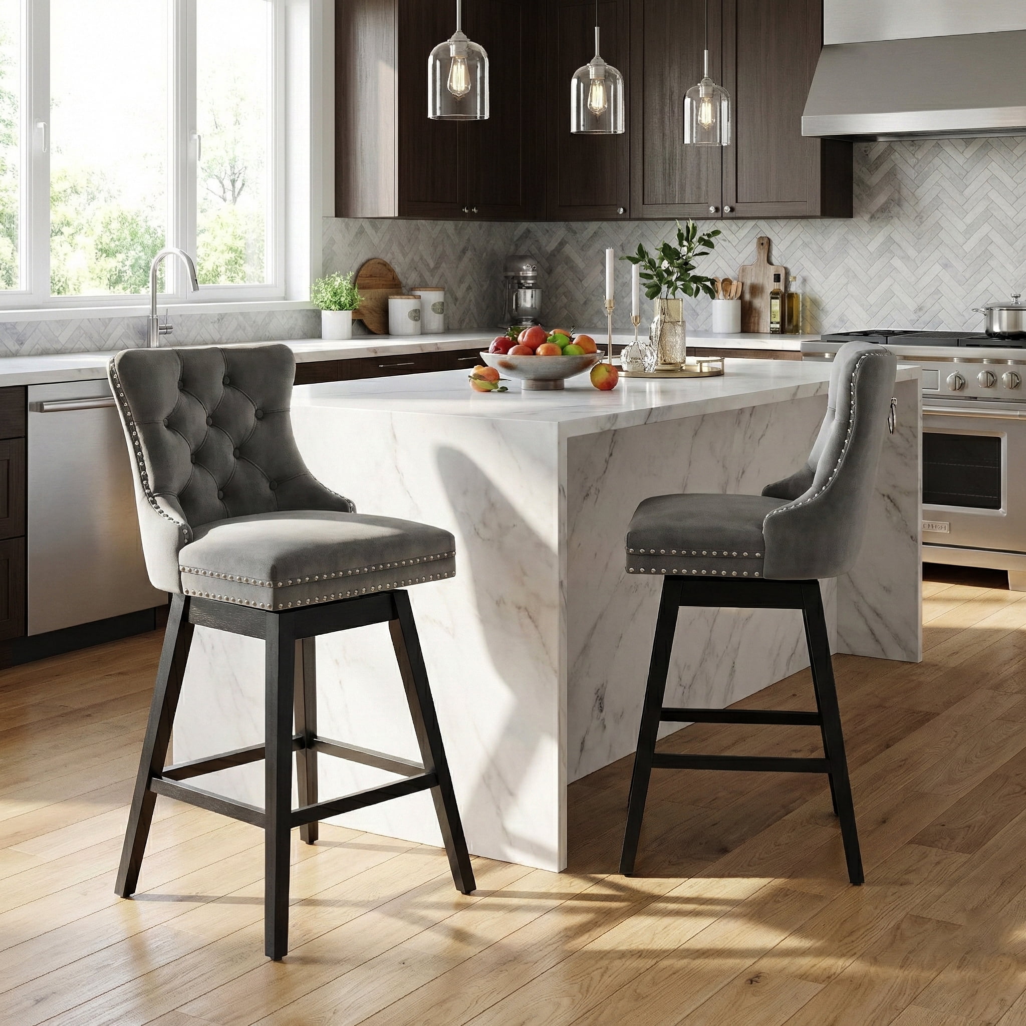 Fahomiss 30" Swivel Bar Stools, Gray Velvet Bar Height Barstools with Back for Home Pub