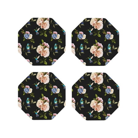 

Coasters Set of 4 - Hummingbird Carnation Black Drink Coasters for Tabletop Protection Leather Coasters for Living Room Decor and Housewarming Gift Octagon