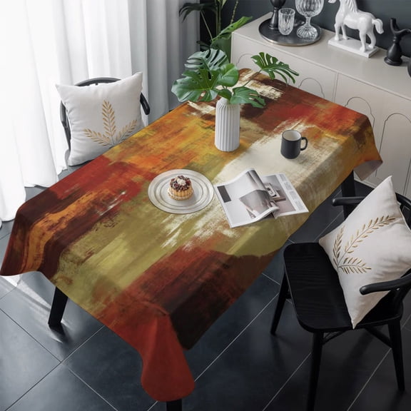 Burnt Orange Table Cloth Waterproof Tablecloths, Fall Modern Oil Painting Abstract Art Green Brown Tablecloth Dining Table Cover for Kitchen Party Tabletop Outdoor, Rectangle Tablecloth 60x120 Inch