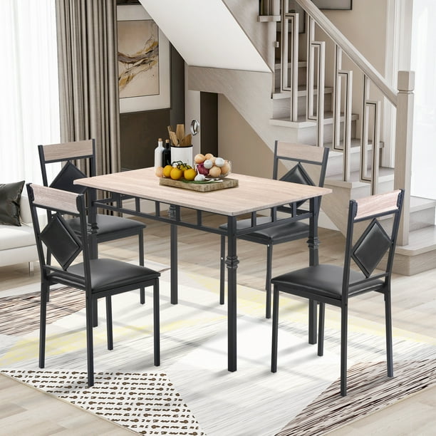 Modern Metal Wood Dining Set, Black Leather Dining Table Chairs
