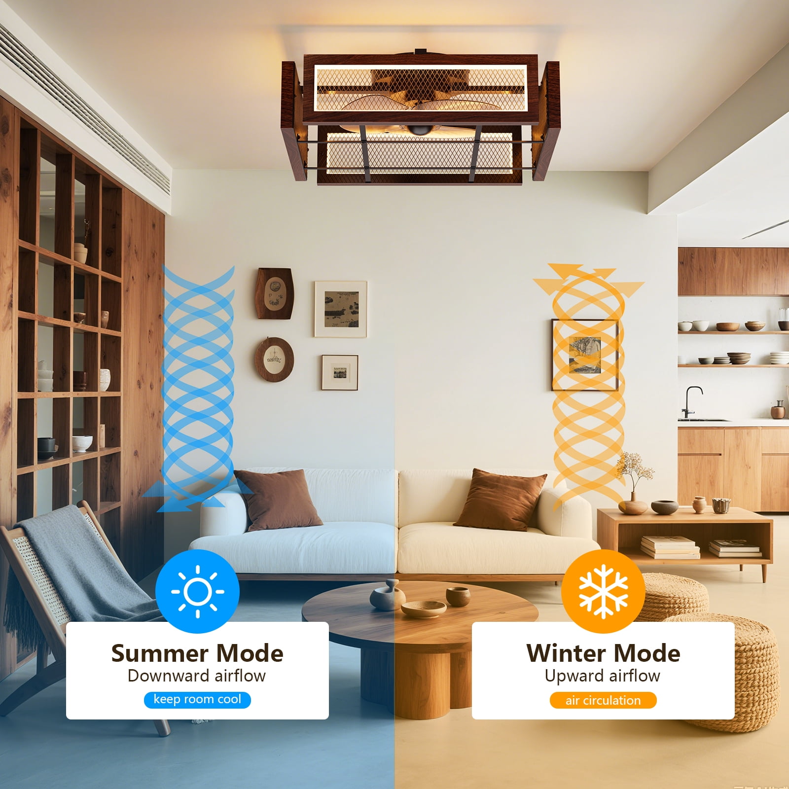 18.9”Wood Grain Brown Square Ceiling Fan with LED Light and Remote Control