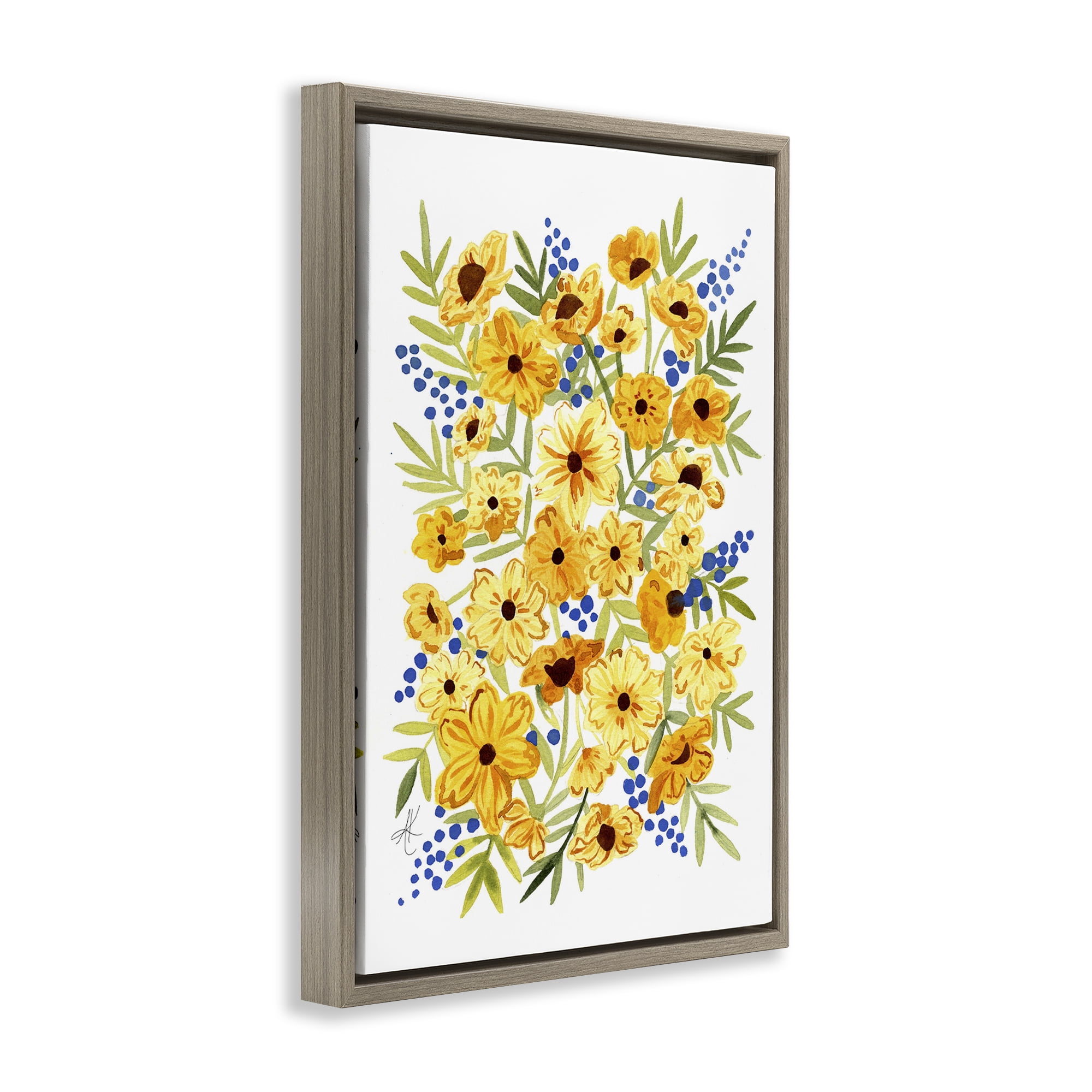 Stupell Industries Yellow Cosmos & Berries Botanical & Floral Painting Brown Floater Framed Art Print Wall Art, 21 x 31