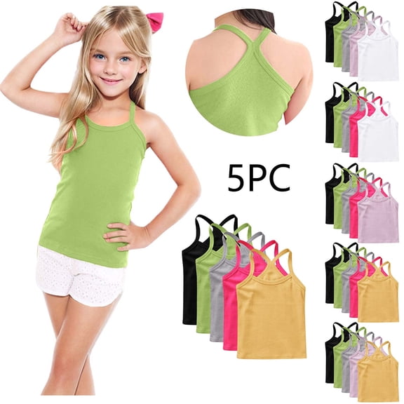 Eltusu Girls Tank Tops, 5 Pieces Soft Cotton Y-Back Sleeveless Shirts Green Size 10-12 T